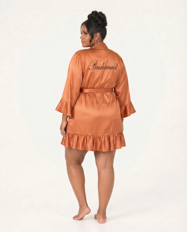 Ruffle Bridal Party Robe in Sienna - Back view with Bridesmaid script