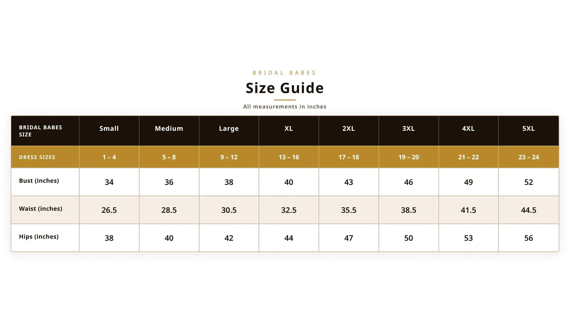 Remotion Still: Bridal Babes Size Chart v6
