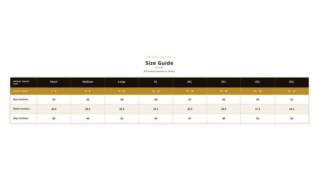 Remotion Still: Bridal Babes Size Chart v4