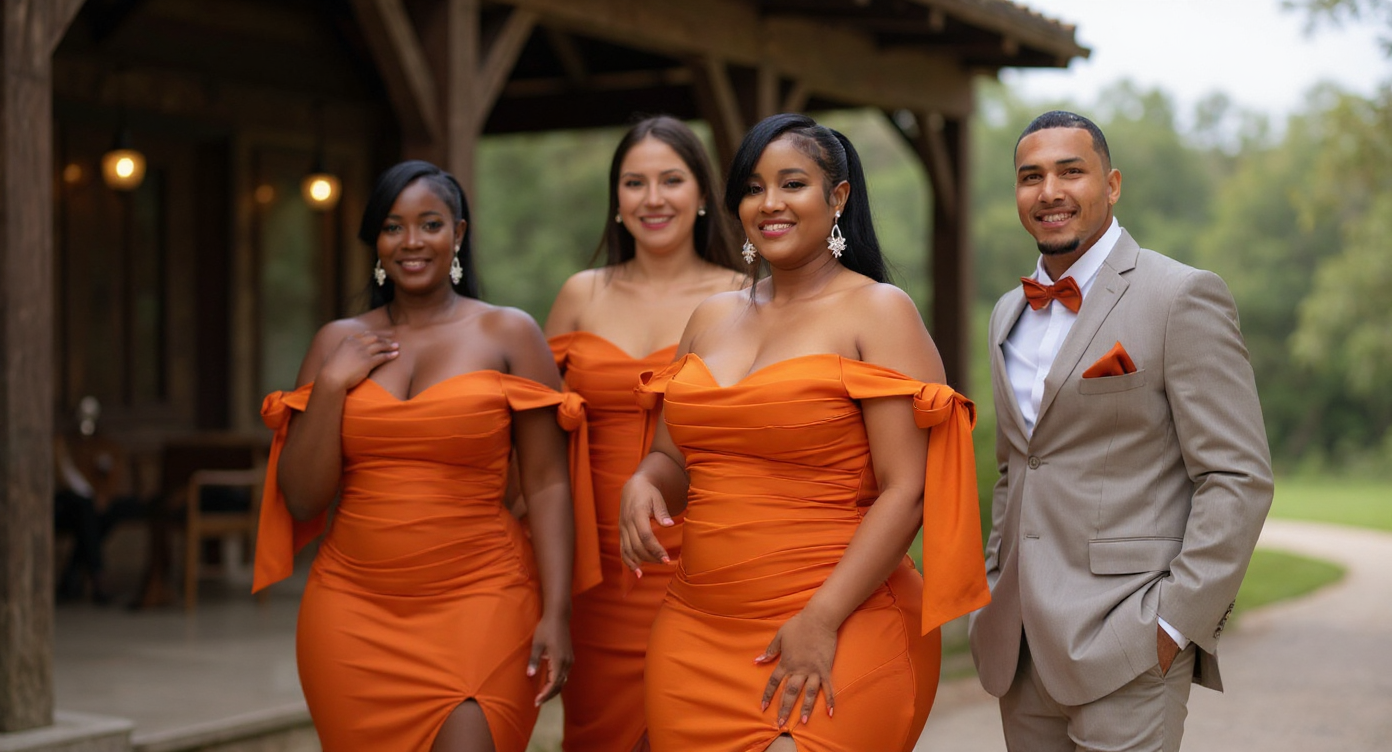 Group of people in orange dresses and a gray suit standing outdoors.