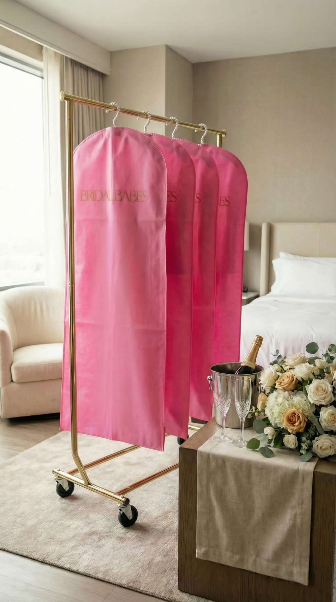 Pink garment bags on a stand in a bedroom setting with a bed and decor.
