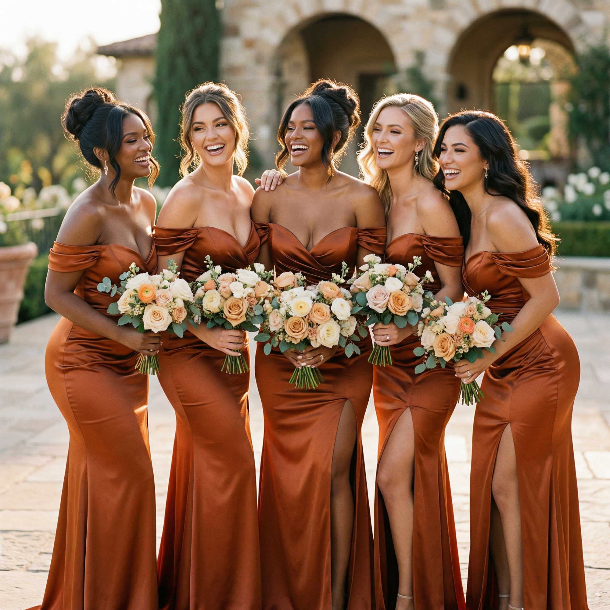 Five women in rust-colored dresses holding floral bouquets outdoors.