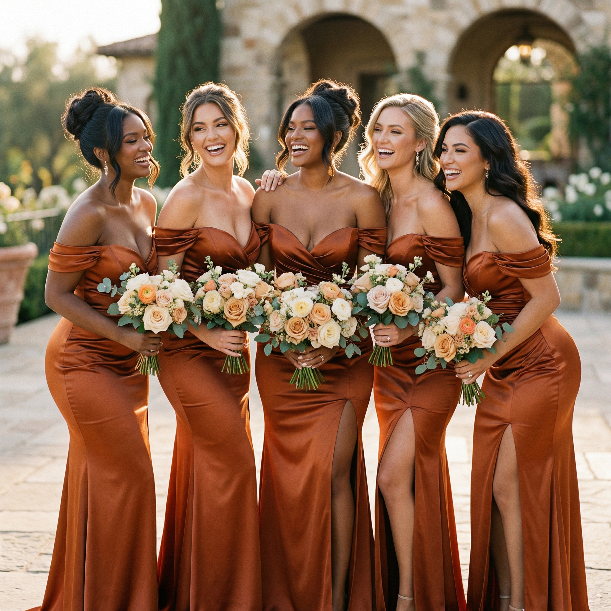Five women in rust-colored dresses holding floral bouquets outdoors.